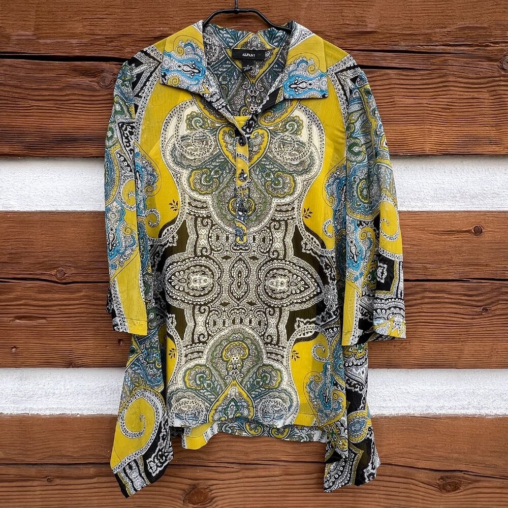 Alfani Paisley Blouse w/ Cami. Sheer, Tunic, ¾ Sleeve. Black, Yellow-Green Sz 6